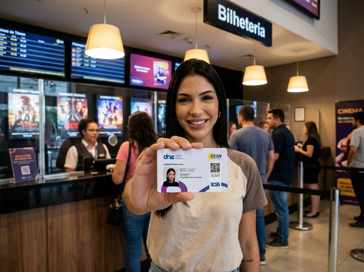 Estudante brasileira com a carteirinha oficial no cinema